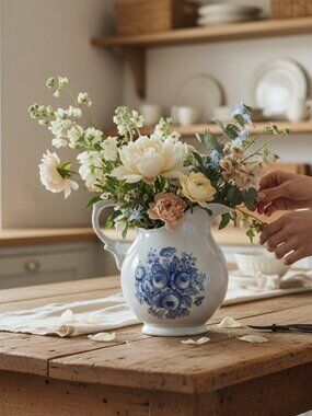 White & Blue Flower Decorated Ceramic Milk‎ Jug by Inspiration, Rigaud, QC